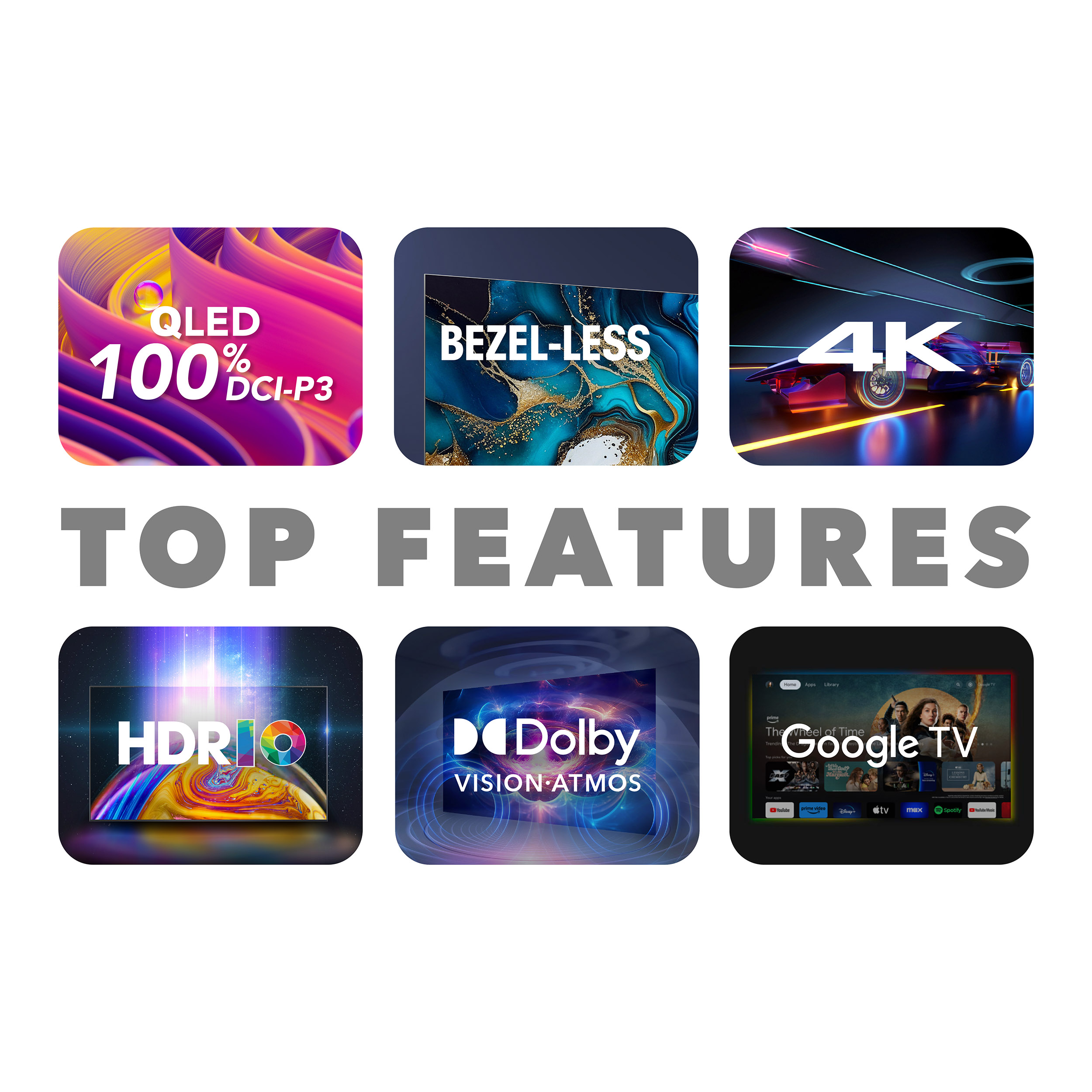 Najważniejsze cechy telewizora, w tym QLED, konstrukcja bez ramek, 4K i Google TV.