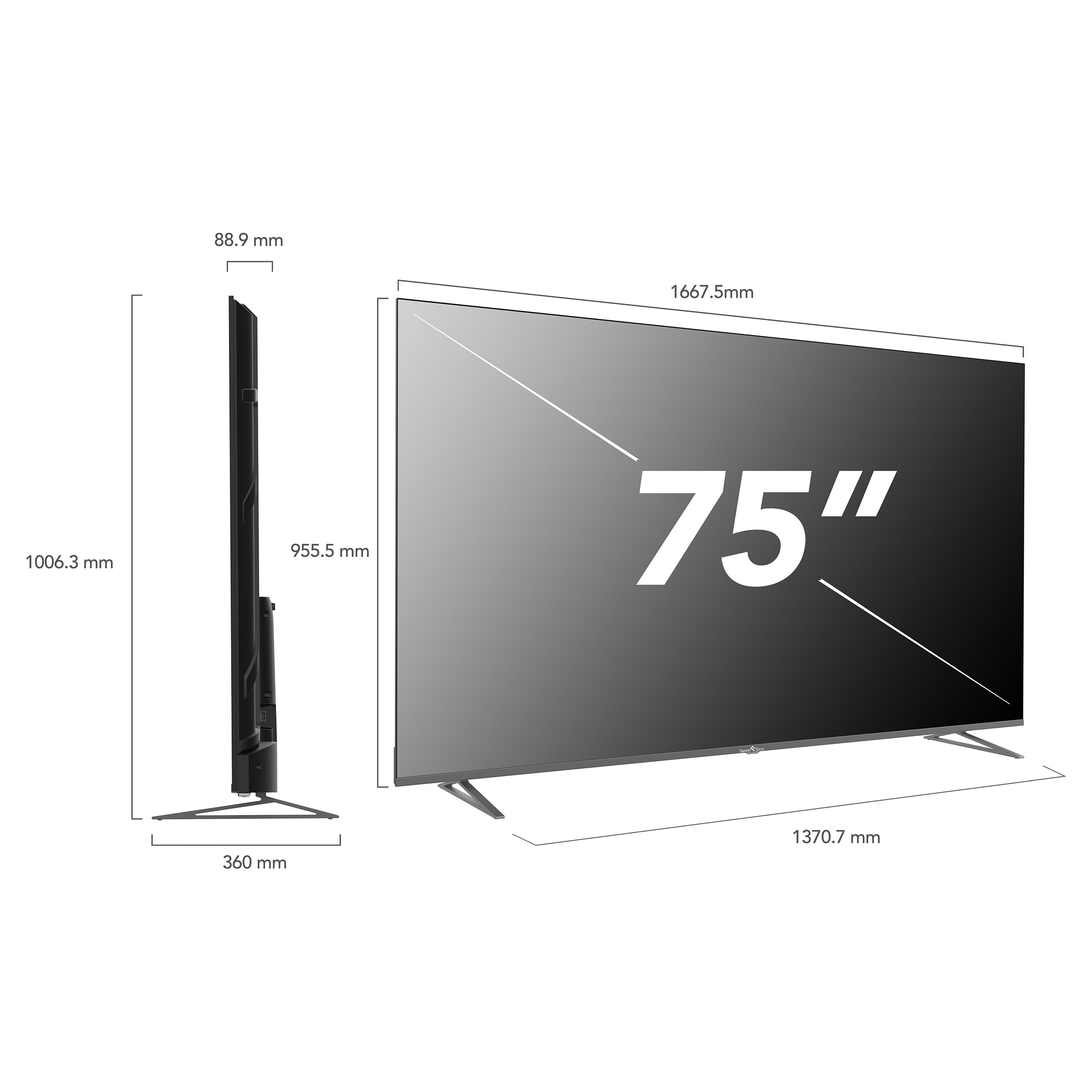 Telewizor 75-calowy z oznaczonymi wymiarami, pokazujący ekran i profil boczny.
