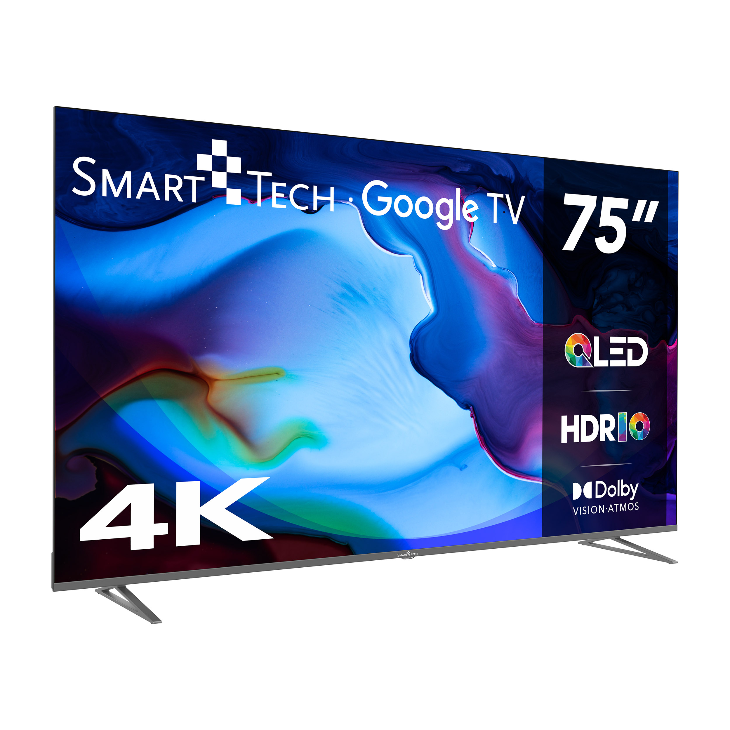 75-calowy Smart Tech Google TV z żywym, abstrakcyjnym tłem.