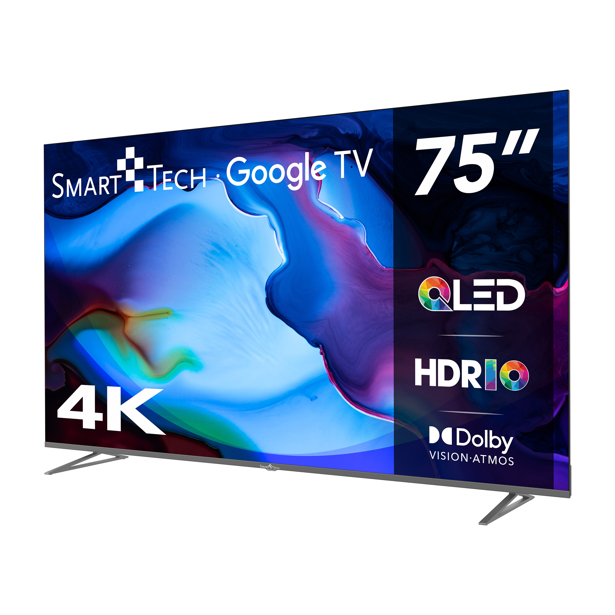 Telewizor Smart Tech Google TV 75 cali z QLED, HDR10 i Dolby Vision, na białym tle.