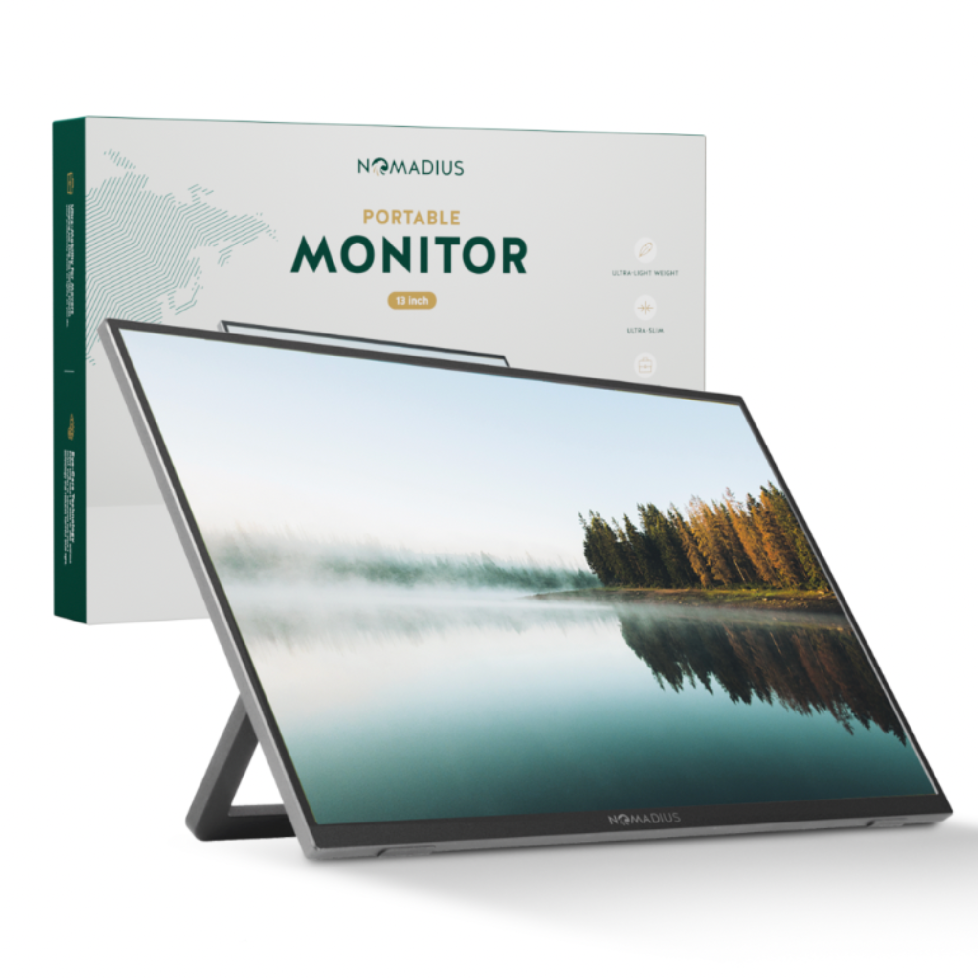 Een draagbare monitor met een standaard en een doos.