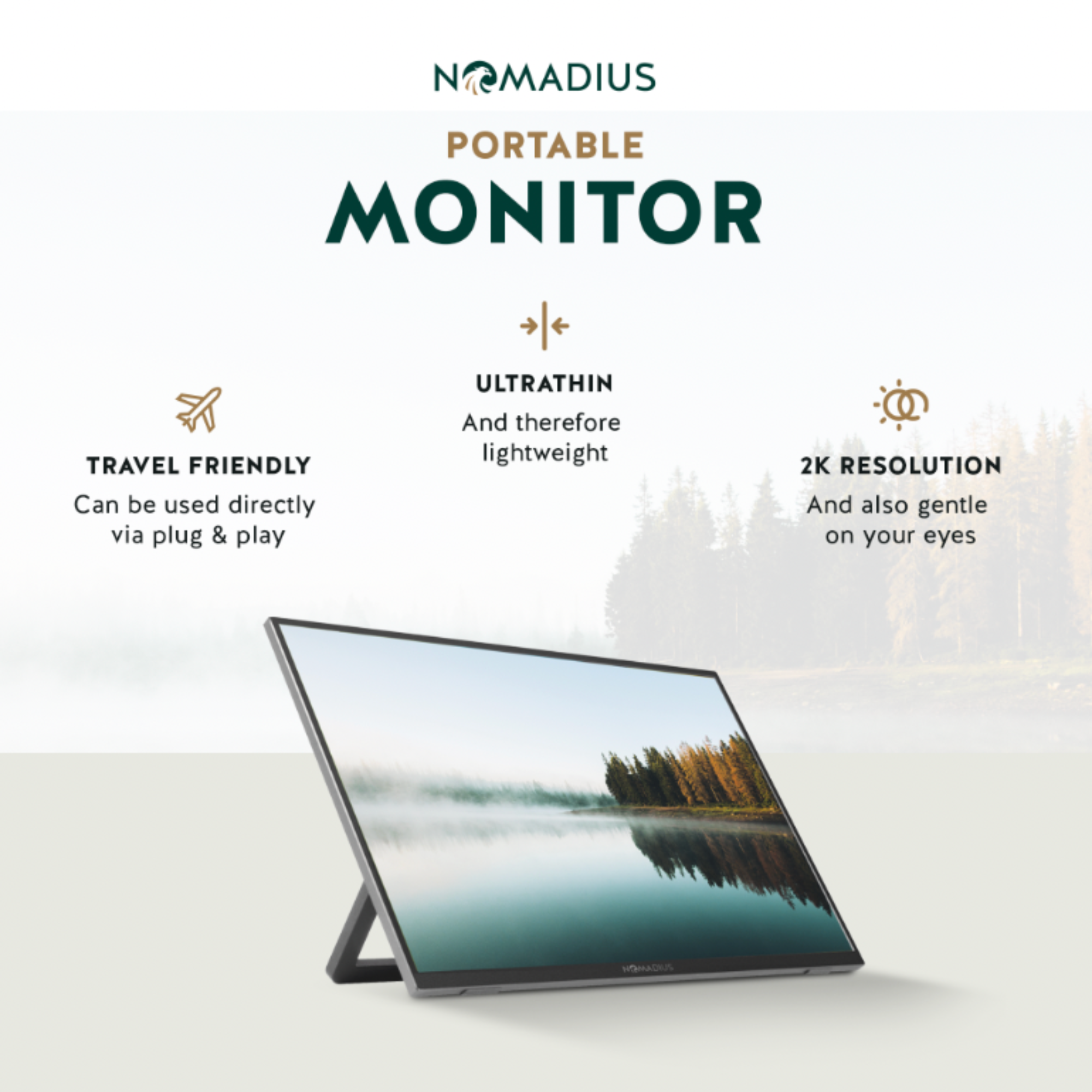 Een draagbare monitor met landschapscherm. Tekst zegt 'Portable Monitor', 'Ultraslim' en '2K Resolution'.