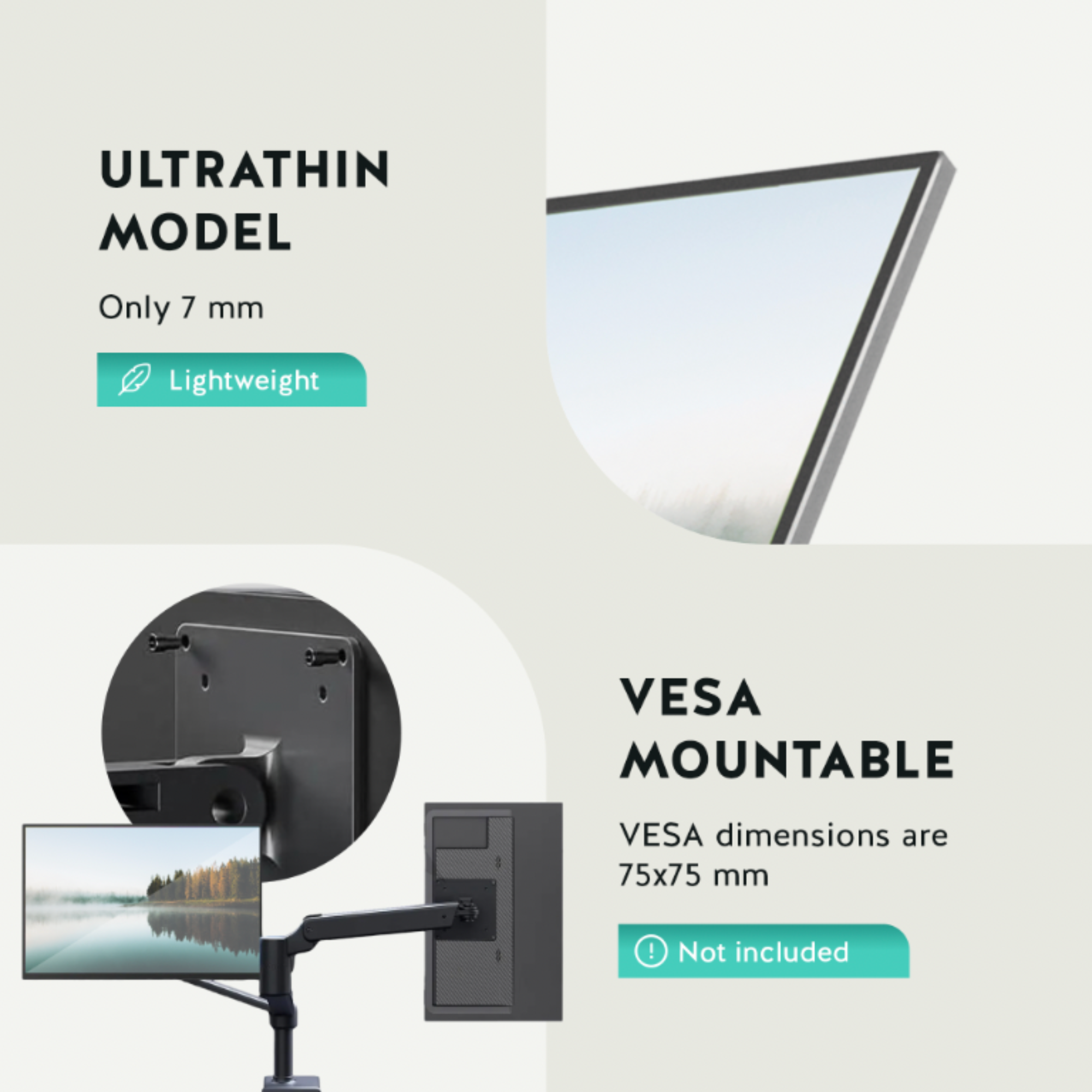 Afbeelding van een monitorbeugel, met details over ultradun model en VESA-afmetingen.
