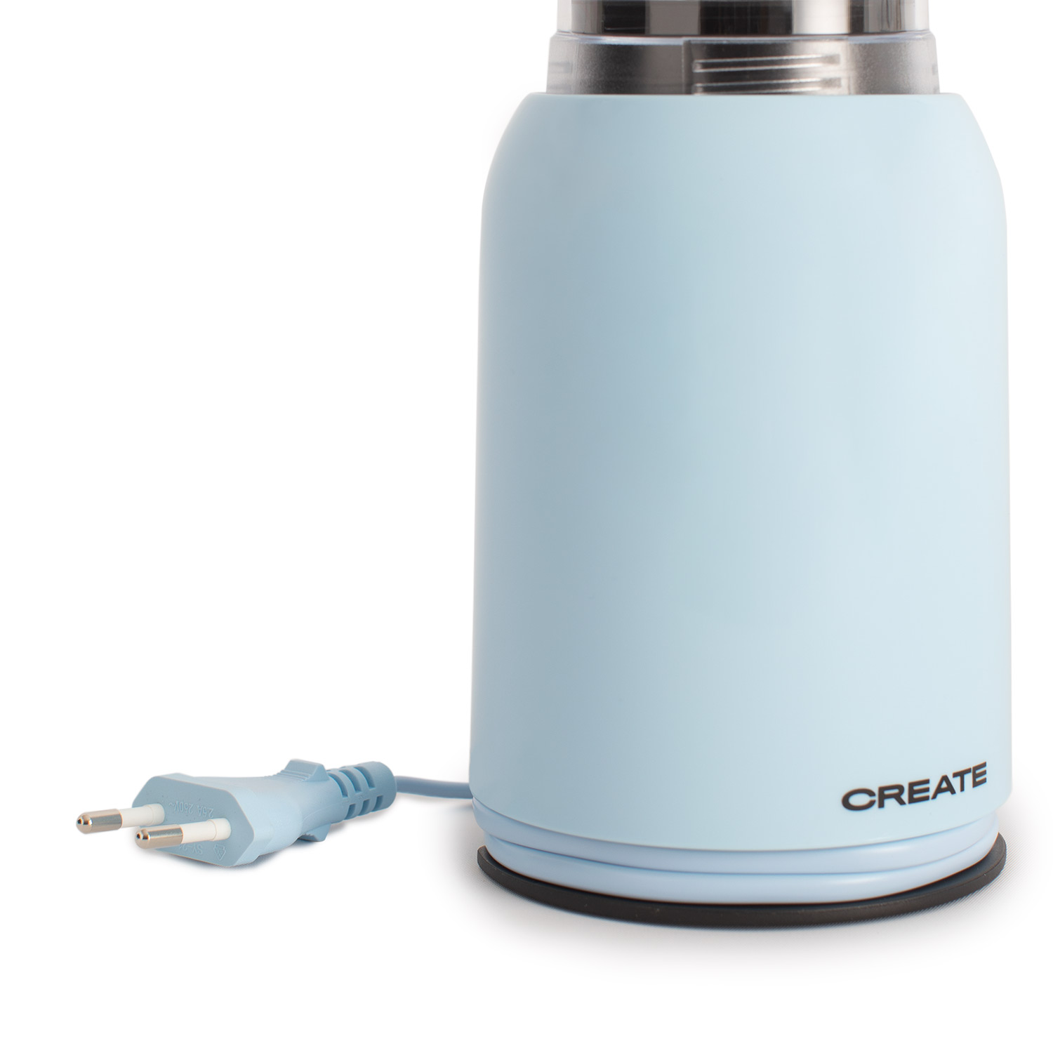 Hellblaue CREATE Wasserkocher mit blauem Stecker und schwarzem Sockel.