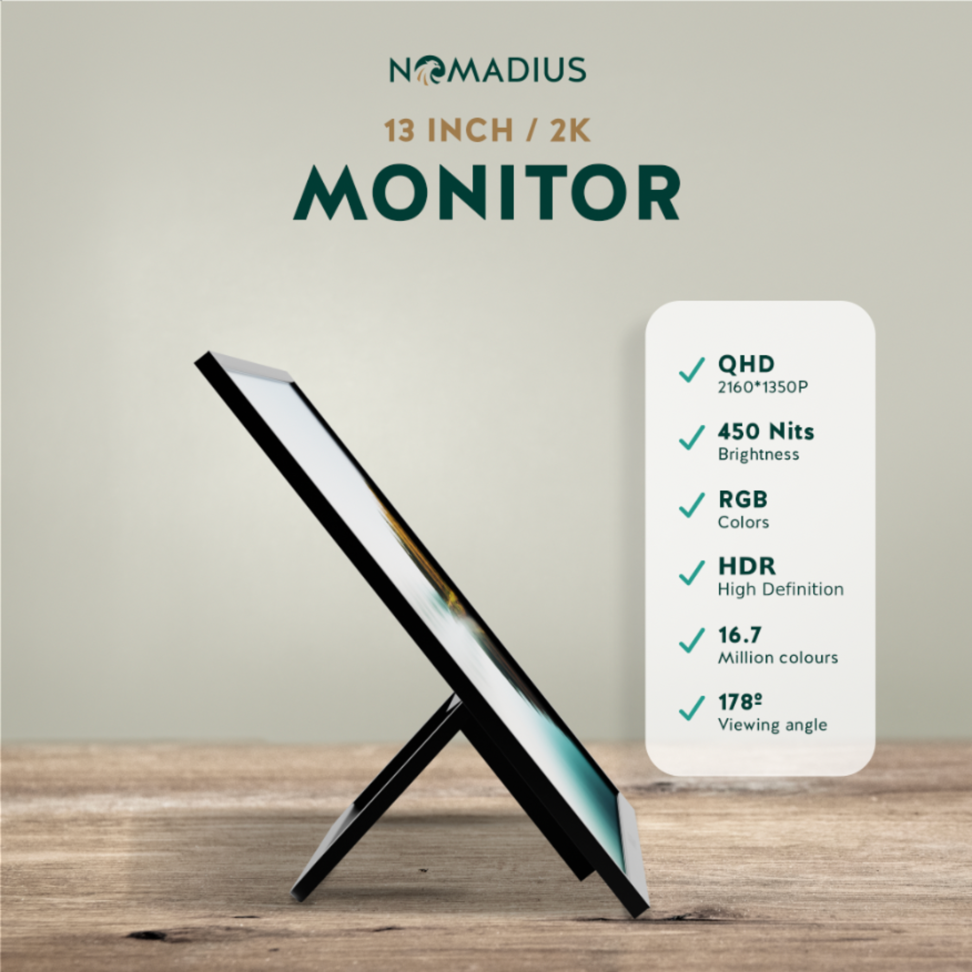 Een 13-inch monitor met een zwart frame, onder een hoek op een houten oppervlak, met technische specificaties.