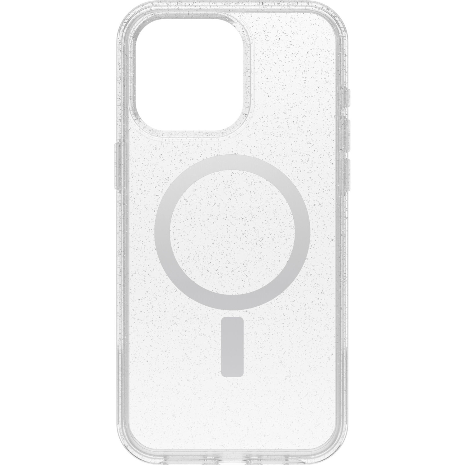 Transparante telefoonhoes met camera-uitsparing en MagSafe-ring, tegen een witte achtergrond.