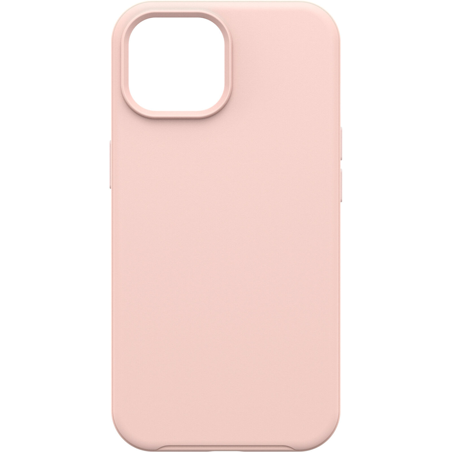 Een lichtroze telefoonhoesje, met een uitsparing voor de camera, tegen een witte achtergrond.
