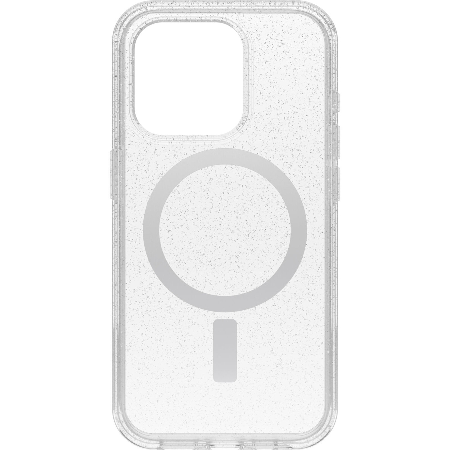 Eine transparente Handyhülle mit Ring und Rechteck. Die Hülle hat ein transparentes Design und ist glitzernd.