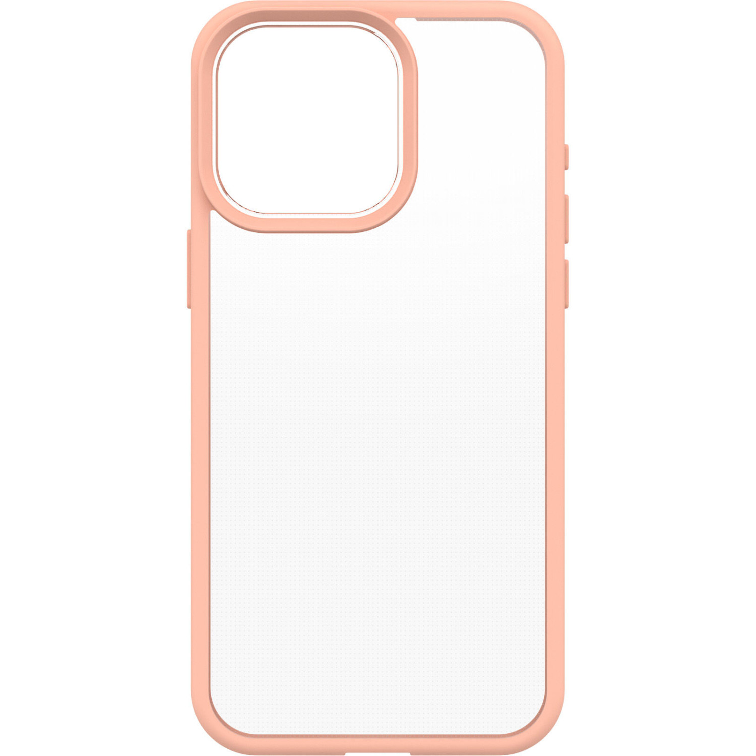 Coque de téléphone transparente avec bord rose, sur fond blanc.