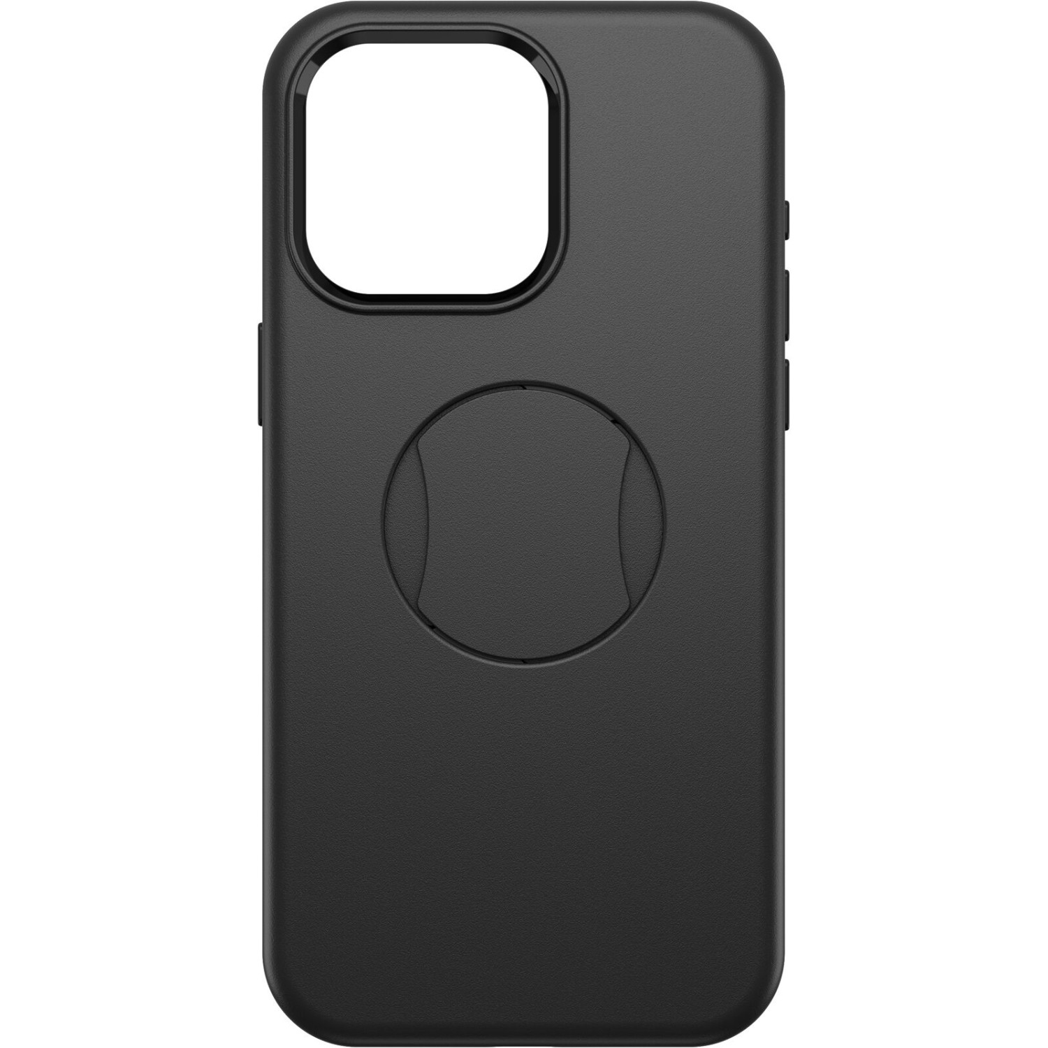 Une coque de téléphone noire sur fond blanc. Elle a une zone ronde en retrait à l'arrière.