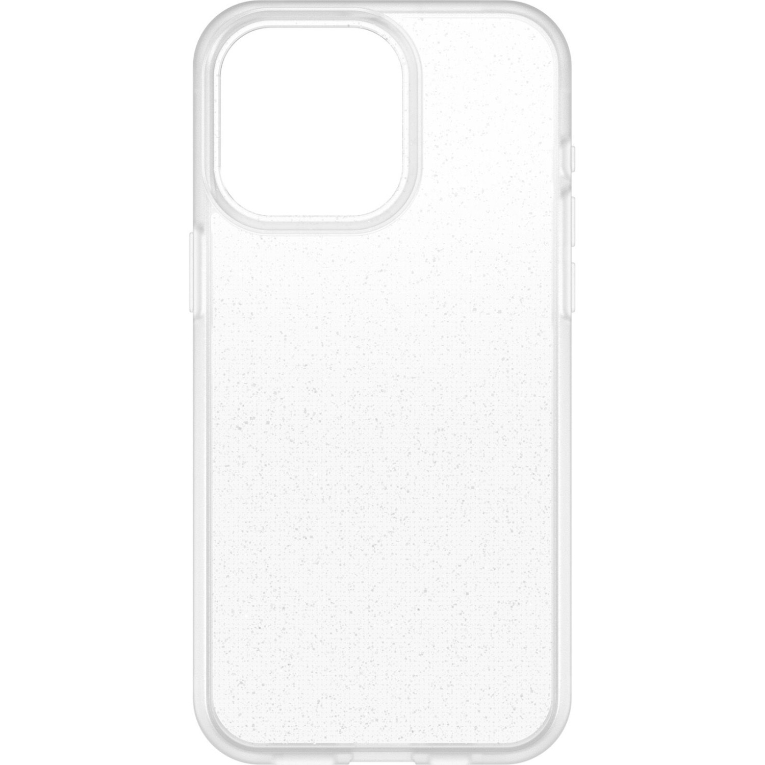 Une coque de téléphone transparente avec des paillettes, avec une découpe pour l'appareil photo, sur fond blanc.