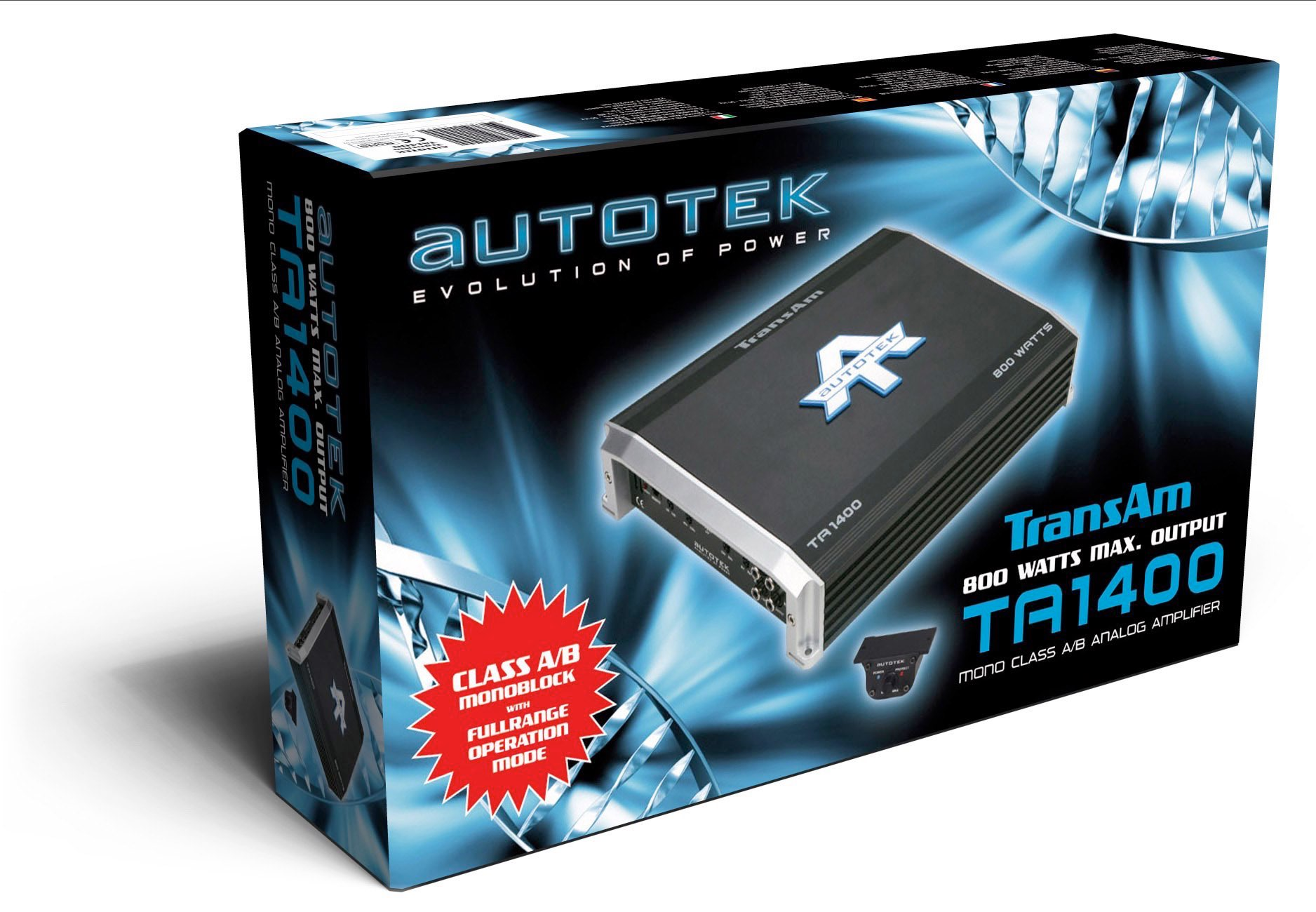 Schwarzer Auto-Verstärker-Karton mit blauem Licht. Text auf der Box: Autotek, Evolution of Power, TransAm, TA1400.