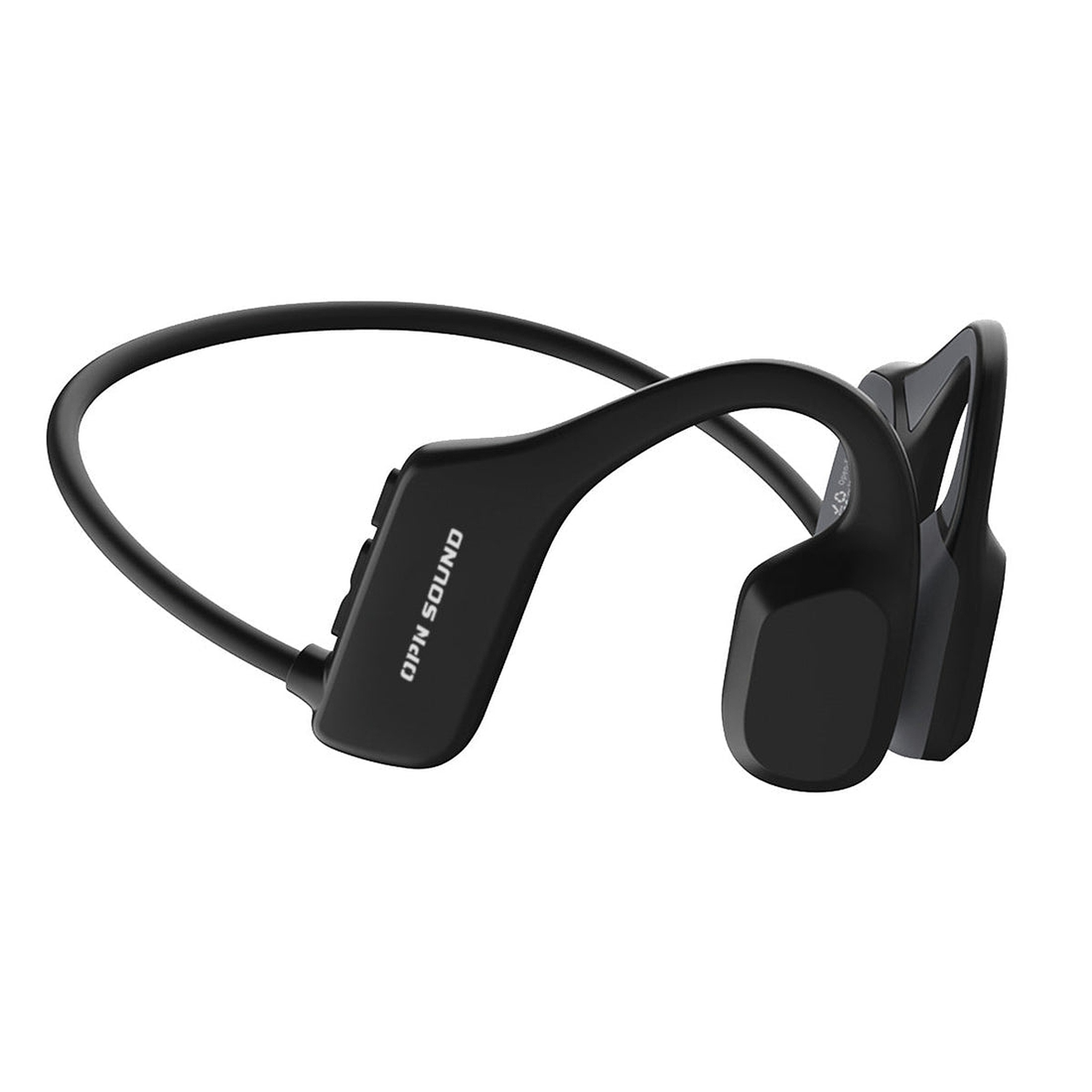Cuffie a conduzione ossea nere. Design curvo, si posizionano intorno all'orecchio. OPN SOUND.