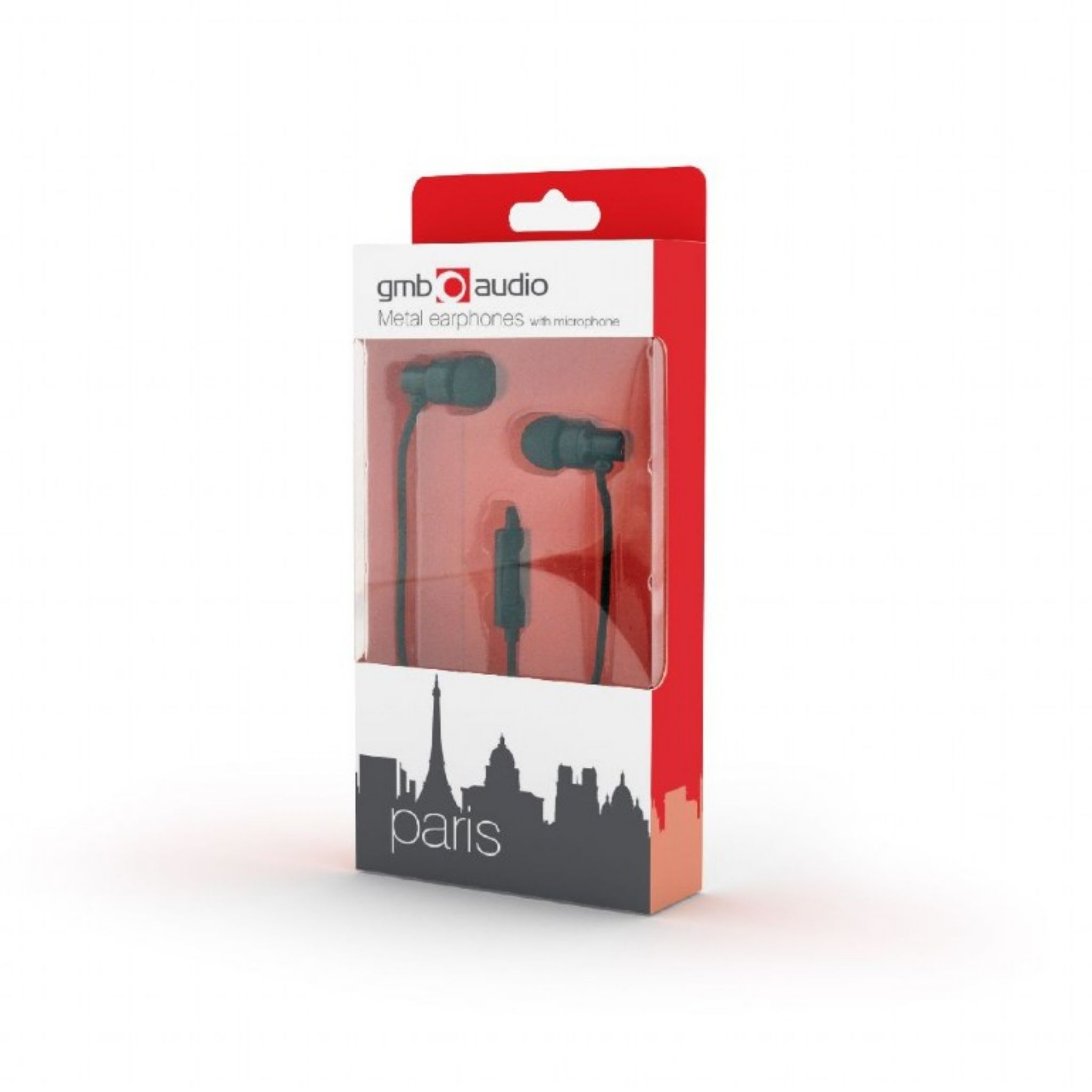 Auriculares en un paquete rojo y blanco.