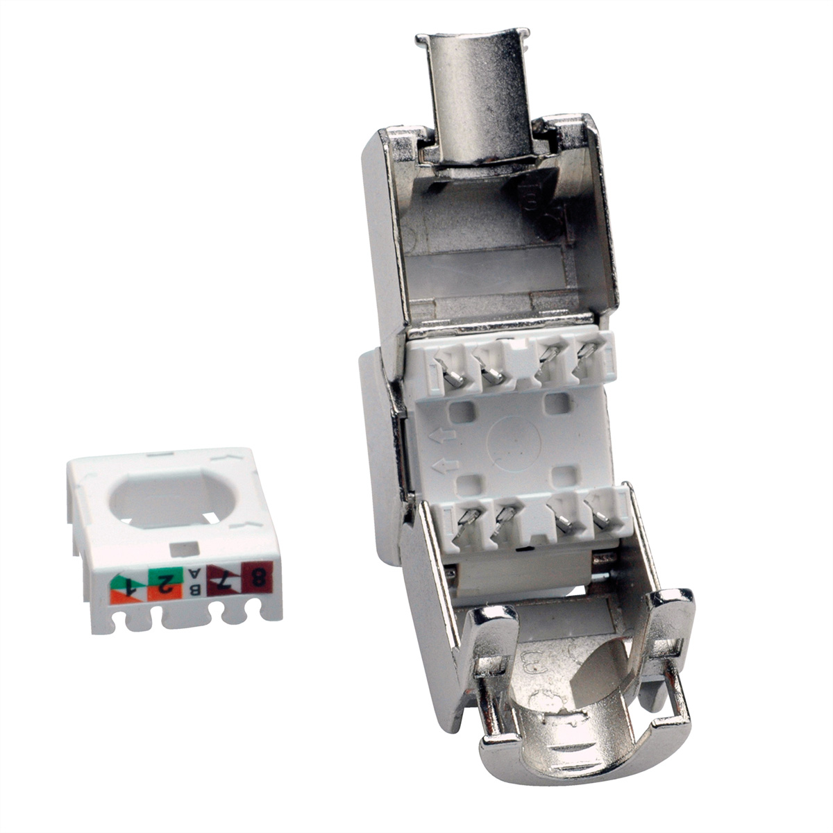 Ein zerlegter Metall-RJ45-Stecker neben dem Innenteil.