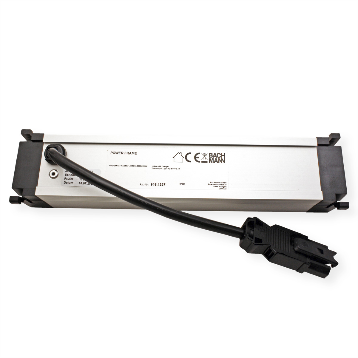 Power Frame Gerät mit schwarzem Kabel und Stecker, weißer Hintergrund.