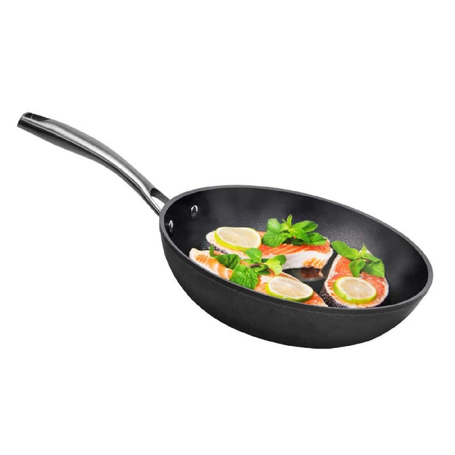 Zwarte pan met een lange handgreep, met zalm, citroenschijfjes en munt.