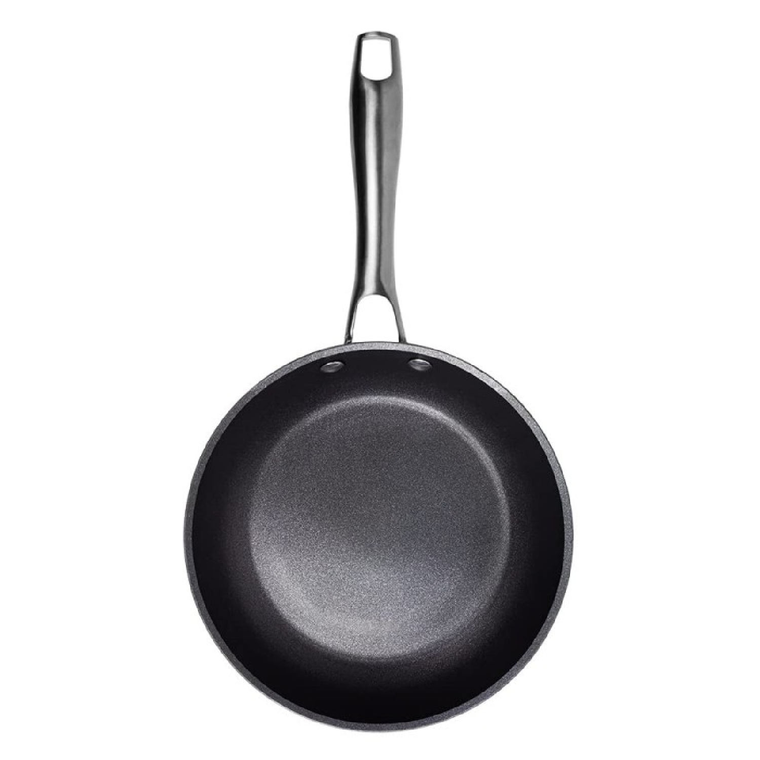 Zwarte pan met een lange handgreep, van bovenaf gezien. Het heeft een zilveren handgreep.