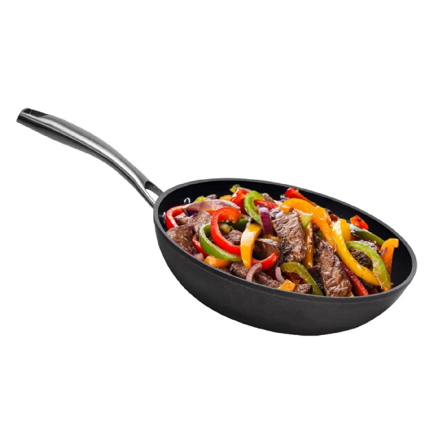Zwarte pan met een lange handgreep, gevuld met kleurrijke fajita-ingrediënten.