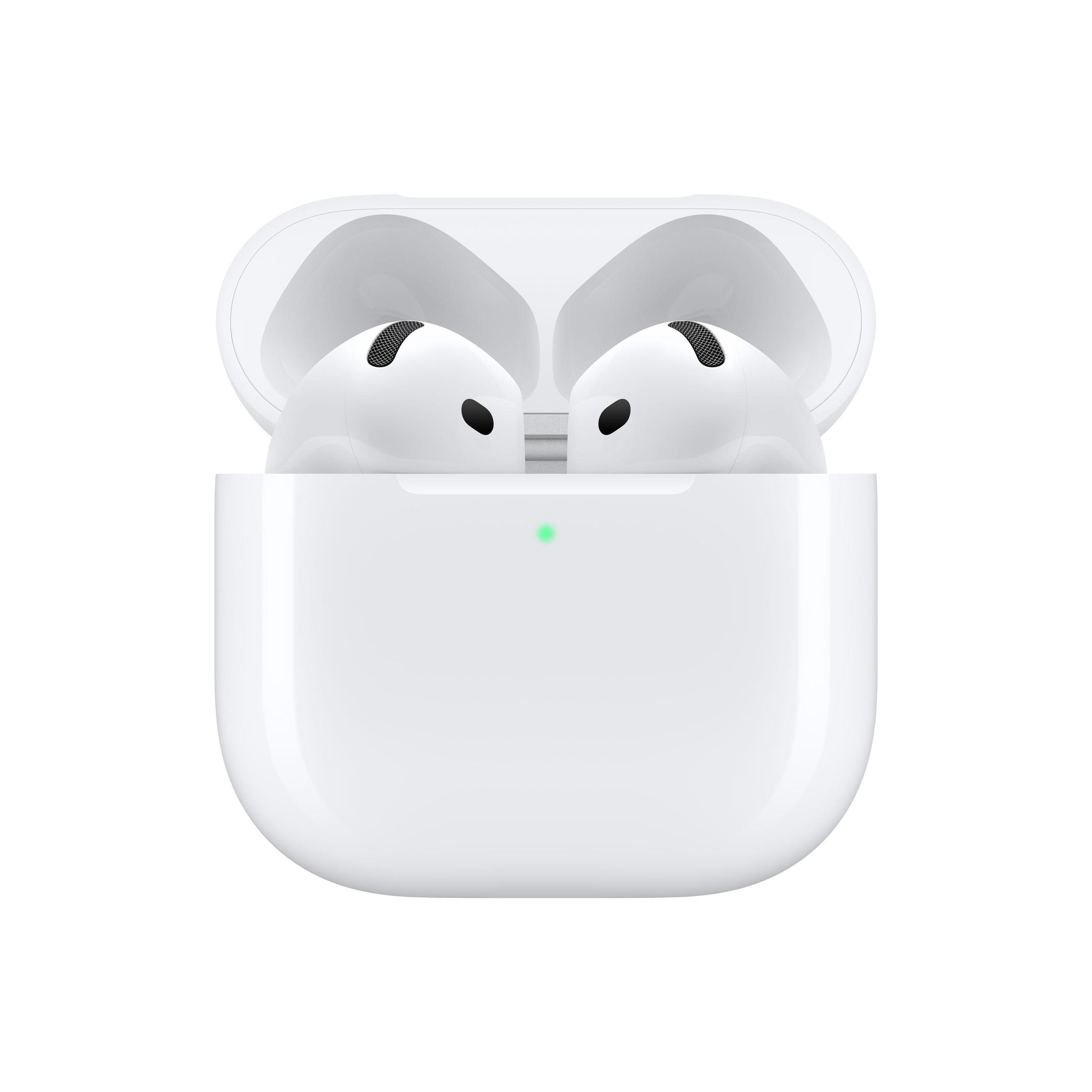 AirPods bianchi Apple nella loro custodia di ricarica, aperti e pronti all'uso. Luce verde visibile.