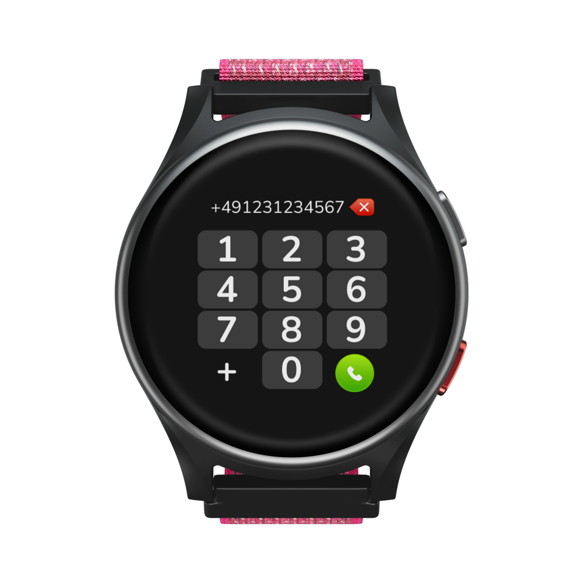 Uno smartwatch con tastierino numerico sullo schermo. Viene visualizzato il numero +491231234567.