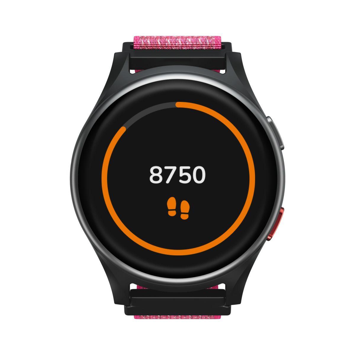 Uno smartwatch nero con cinturino rosa. Il display mostra i passi: 8750 e l'icona delle impronte.