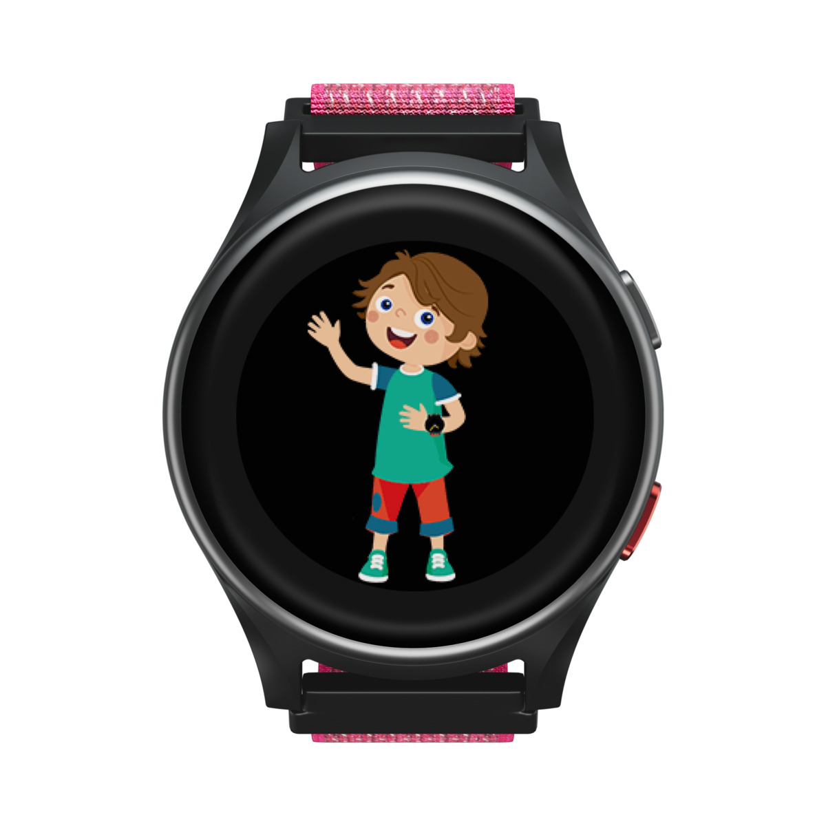 Un ragazzo dei cartoni animati che saluta dallo schermo di uno smartwatch nero con cinturino rosa.