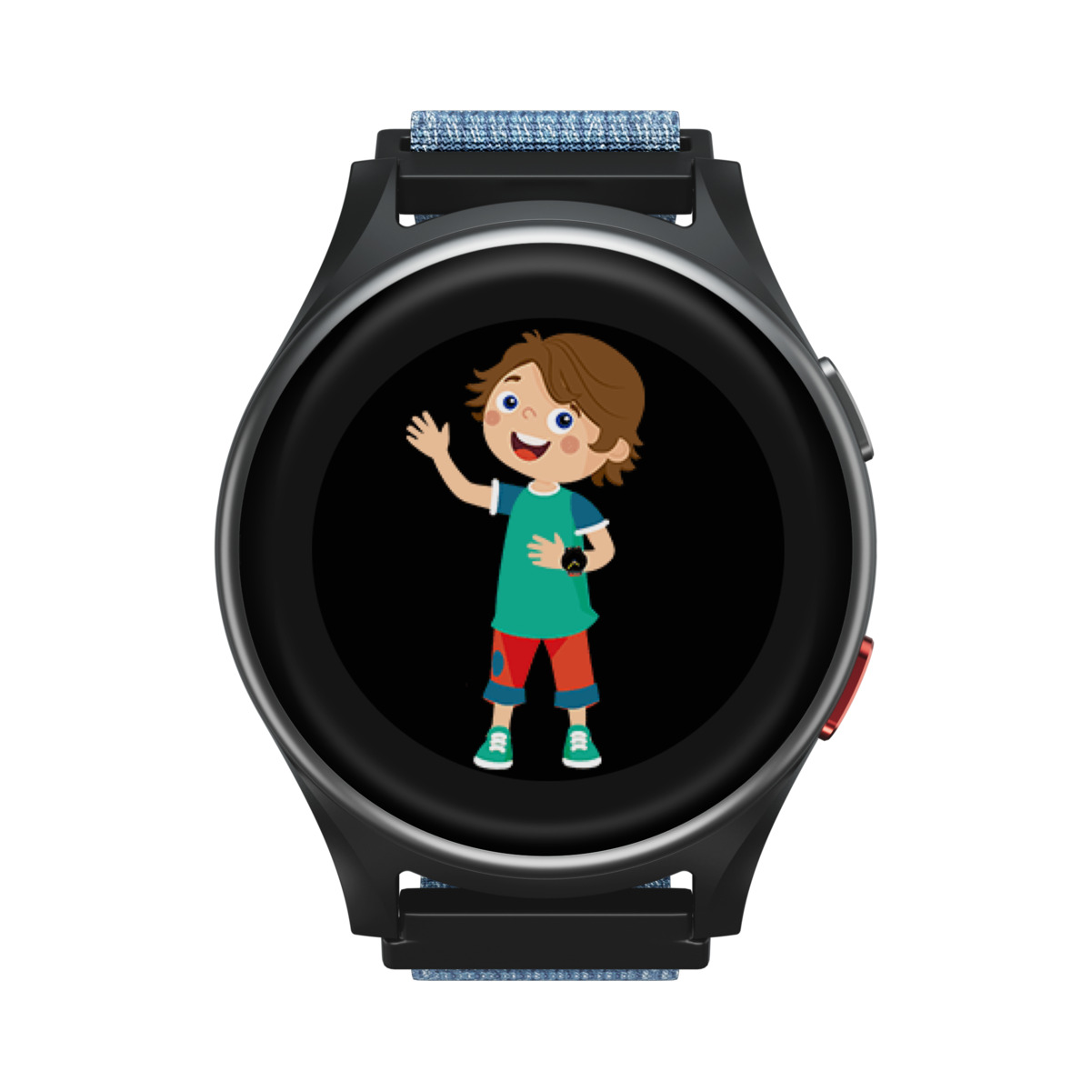 Smartwatch con un personaggio per bambini sullo schermo. L'orologio è nero, con cinturino blu.