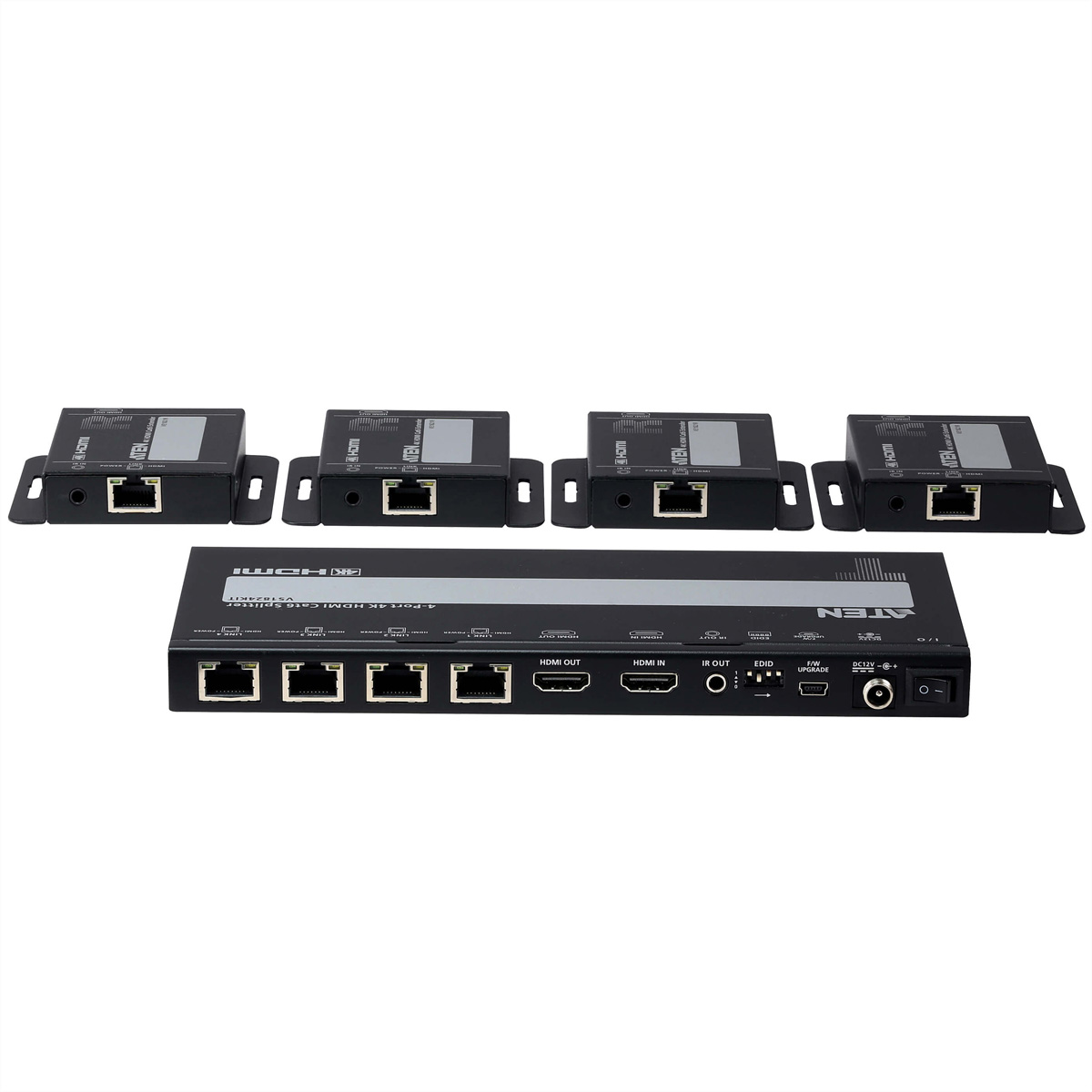 Schwarzes HDMI-Extender-Set, bestehend aus einer Zentraleinheit und vier kleineren Einheiten, vor weißem Hintergrund.