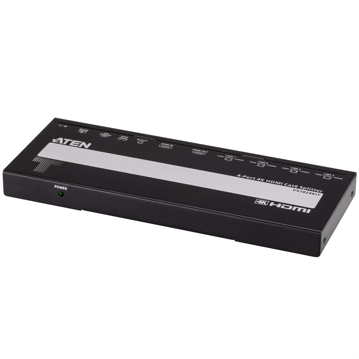 Schwarzer 4-Port 4K HDMI Cat6 Splitter. Er hat verschiedene Anschlüsse und ein ATEN-Logo. Weißer Hintergrund.
