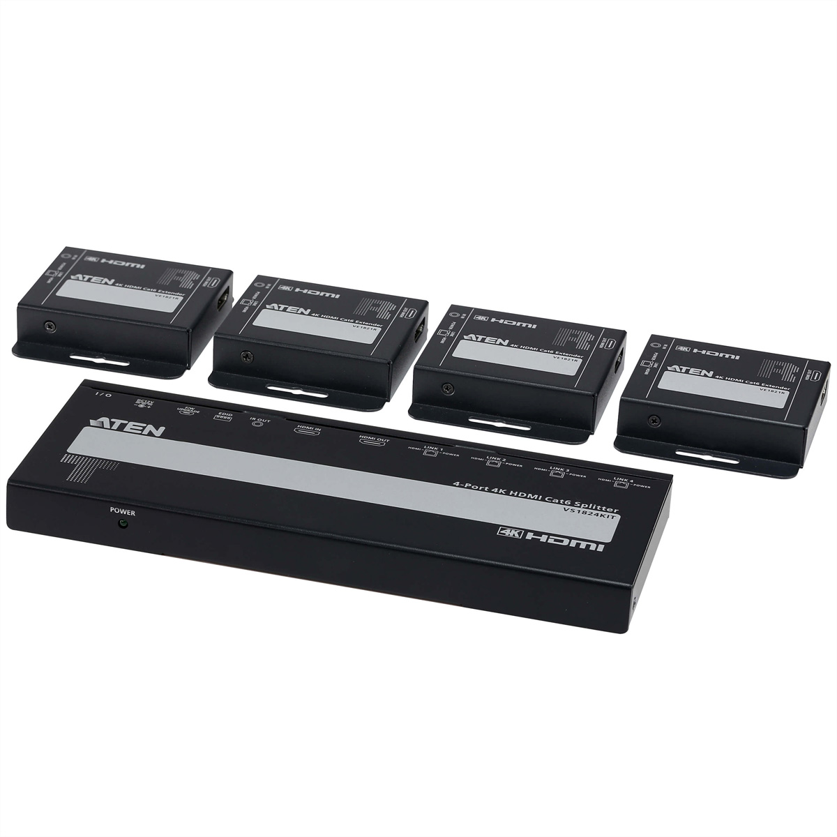 Eine Sammlung schwarzer HDMI-Splitter mit dem Wort 'ATEN' darauf, auf einer weißen Oberfläche platziert.