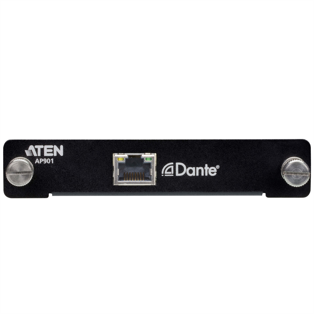 Dispositivo nero con un logo ATEN AP901 e un logo DANTE. Ha una porta di rete. Sfondo bianco.