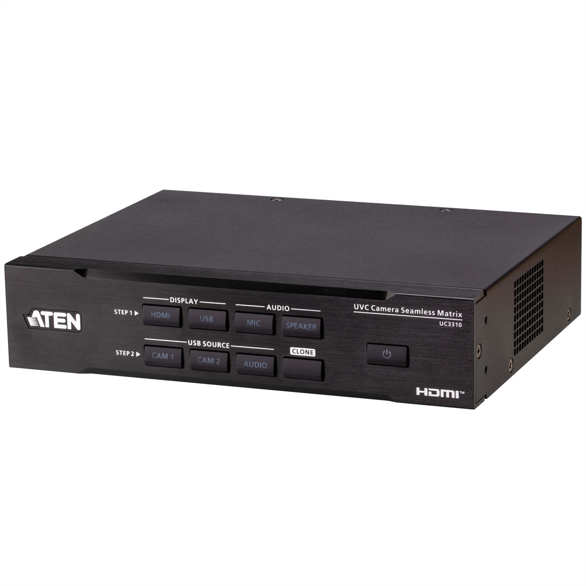 Zwarte ATEN UVC camera naadloze matrix. HDMI-, USB-, MIC- en luidsprekerpoorten. Witte achtergrond.
