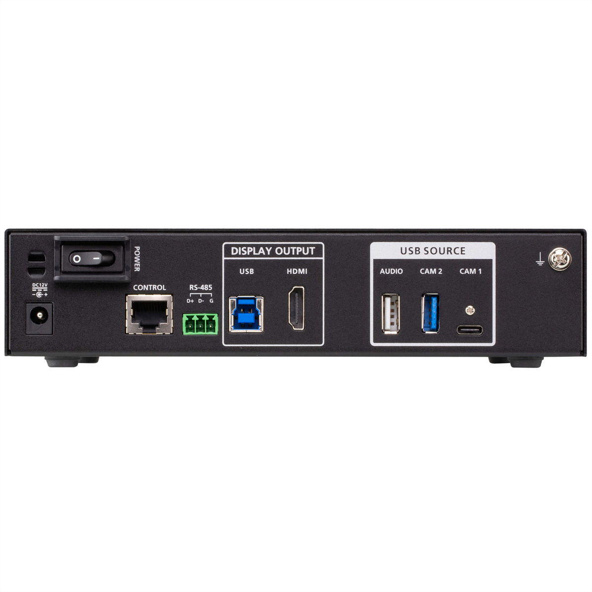 Achterpaneel van zwart apparaat met aan/uit-schakelaar, besturingspoort, USB, HDMI en RS-485 poorten. Witte achtergrond.