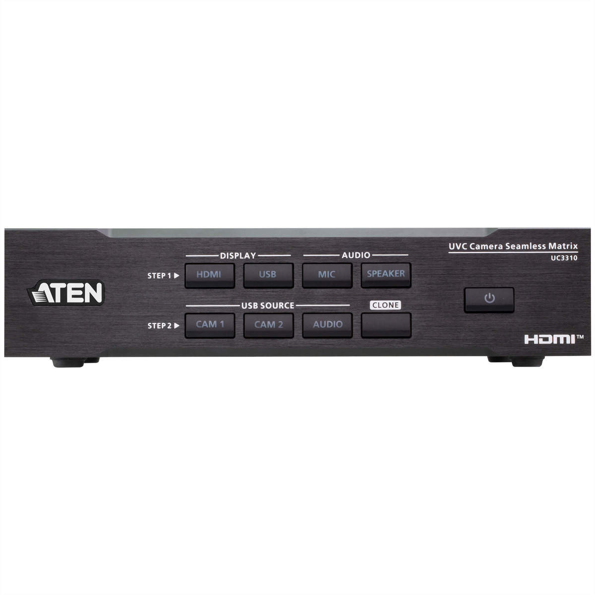 Zwart ATEN-apparaat met knoppen HDMI, USB, MIC, Luidspreker, Cam 1, Cam 2, Audio, Clone en een aan/uit-knop.