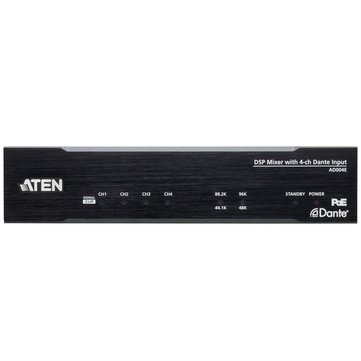 Dispositivo ATEN nero con pulsanti CH1, CH2, CH3, CH4, 88.2K, 96K, 44.1K, 48K, Standby, Power ed etichette Dante.