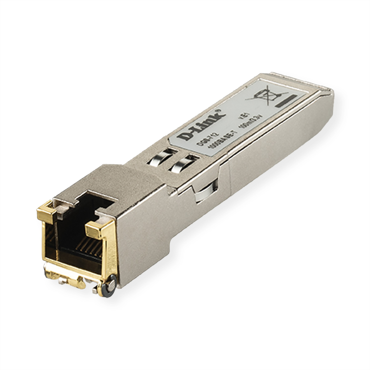 Un módulo SFP D-Link plateado sobre un fondo blanco. Tiene un conector dorado.
