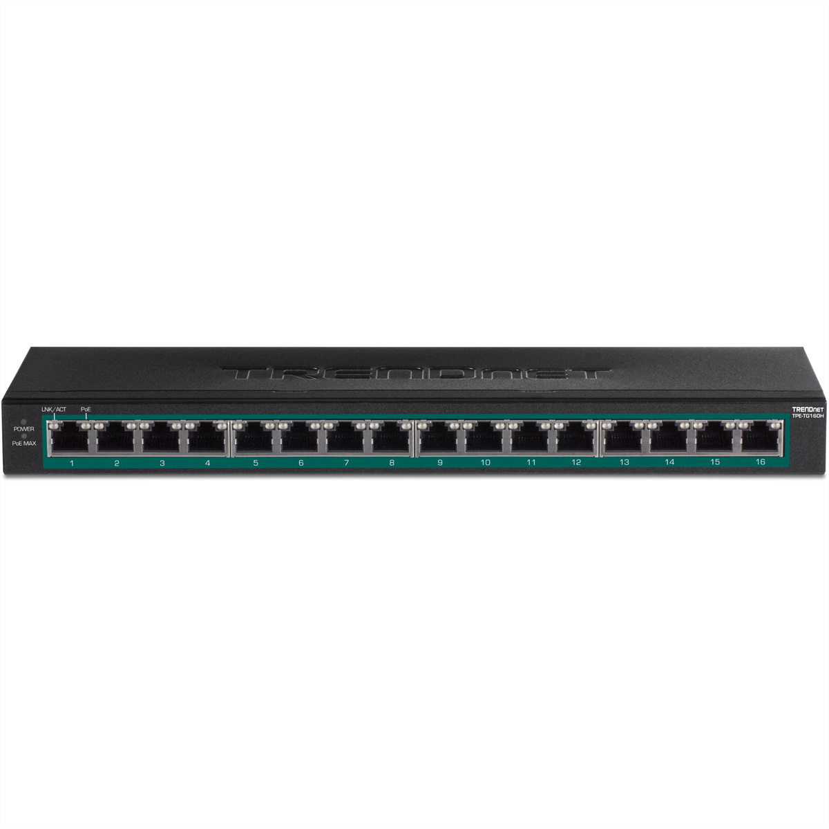 Schwarzer Netzwerk-Switch mit 16 nummerierten Ports. Der Text TRENDnet ist sichtbar.