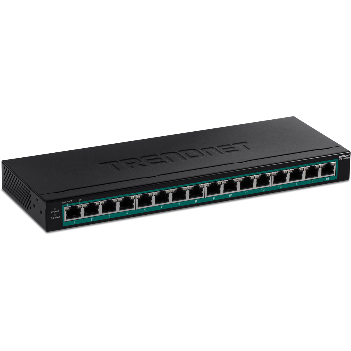 Schwarzer Netzwerk-Switch mit 16 nummerierten Ports. Der Text TRENDnet ist sichtbar.