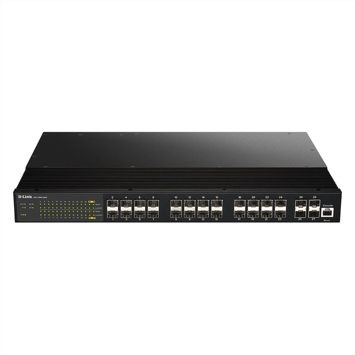 Switch D-Link nero con numerose porte Ethernet. Il pannello frontale ha LED e un pulsante di reset. Montabile su rack.