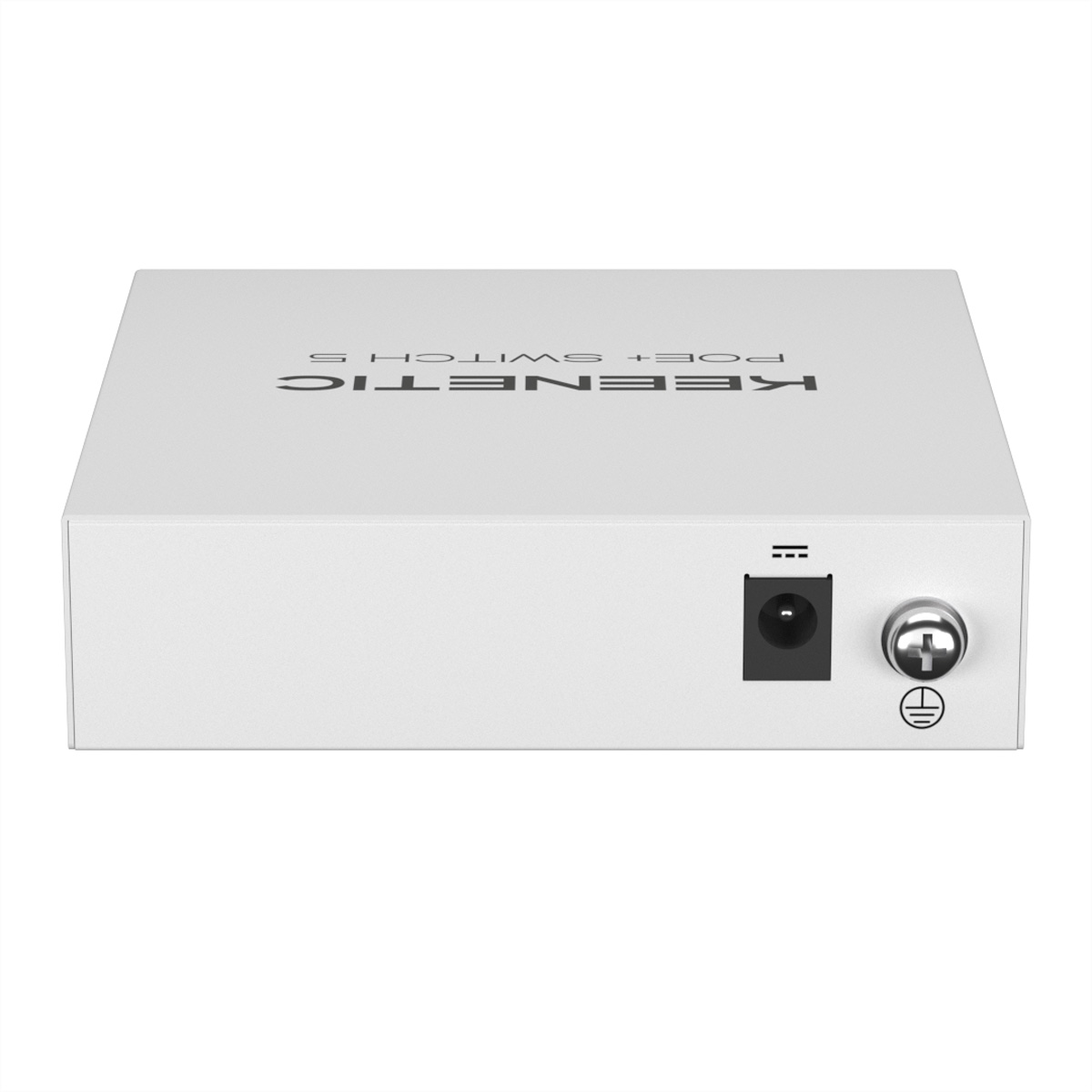 Switch POE+ Keenetic bianco. Vista posteriore con porte di alimentazione e messa a terra. Sfondo bianco.
