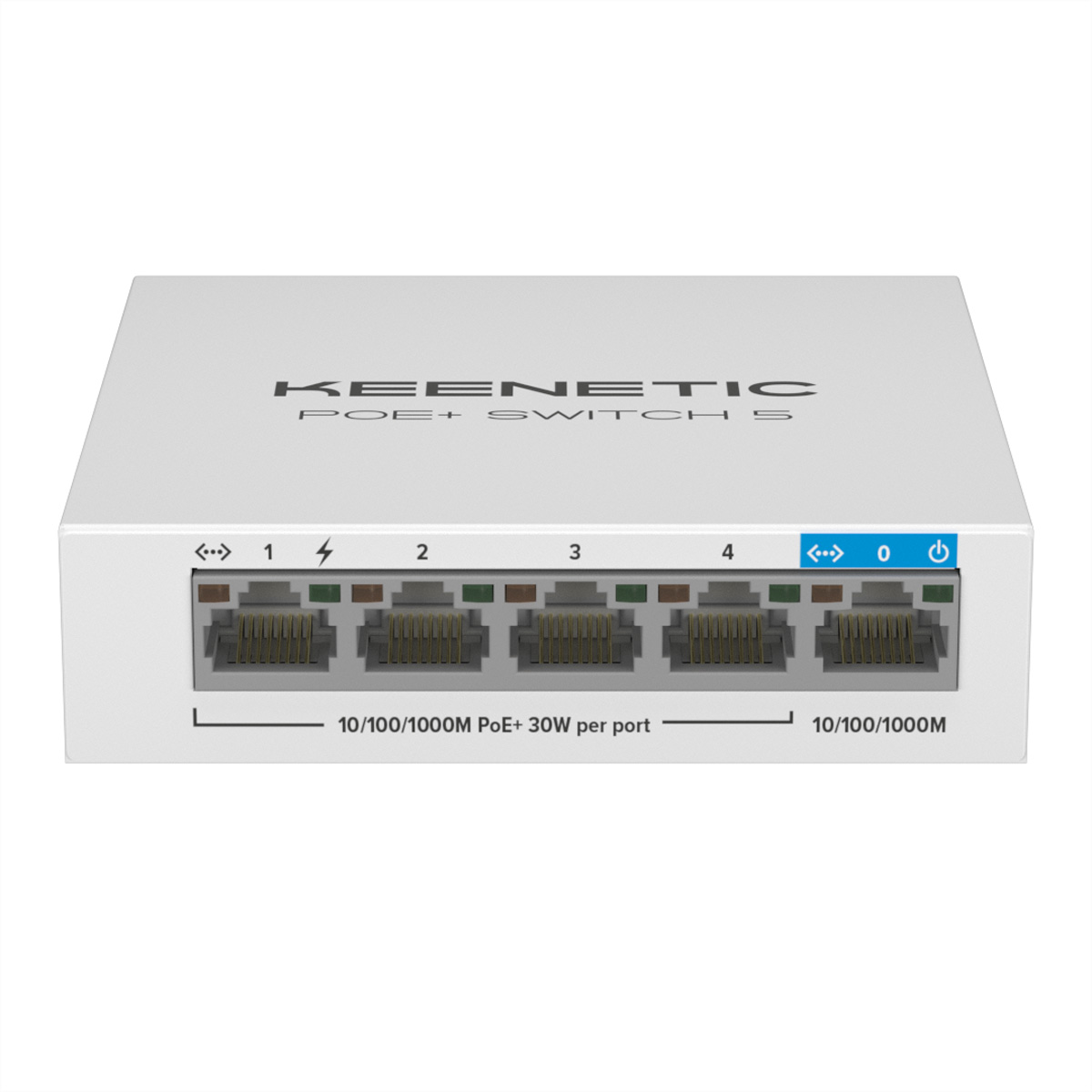 Switch PoE+ Keenetic bianco. Cinque porte, numerate. Testo: 10/100/1000M PoE+ 30W per porta e 10/100/1000M.