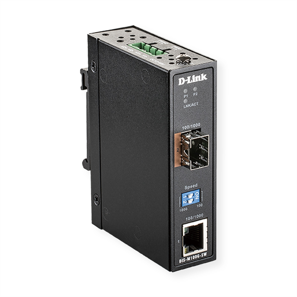 Een zwarte D-Link netwerkswitch met poorten en labels. Witte achtergrond.