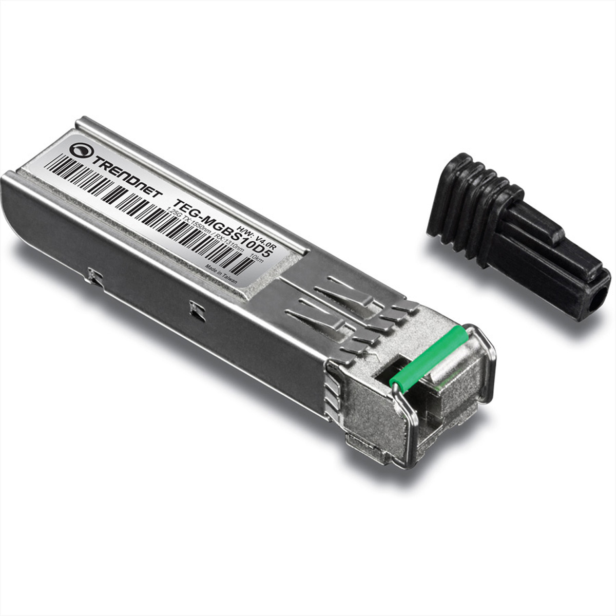 Module SFP TRENDnet argenté et vert avec une prise noire séparée.