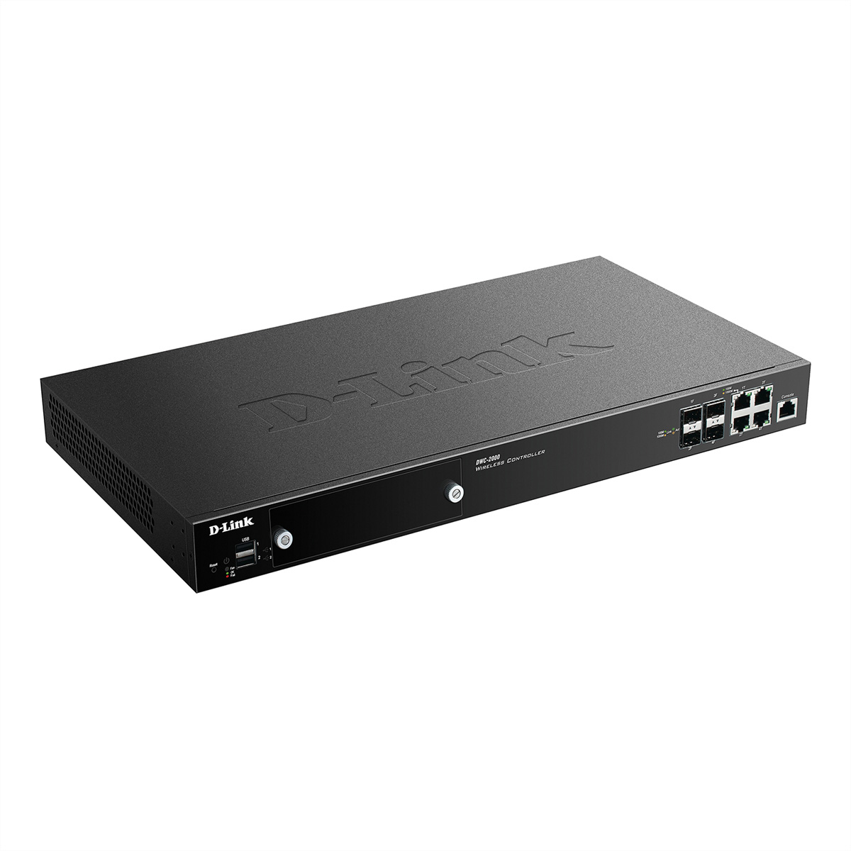 Schwarzes D-Link Wireless Controller Gerät, mit Anschlüssen und Knöpfen auf der Frontplatte.