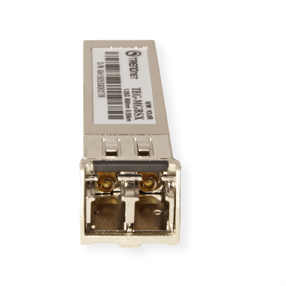 Module SFP argenté avec étiquettes Trendnet et TEG-MGSX, sur fond blanc.