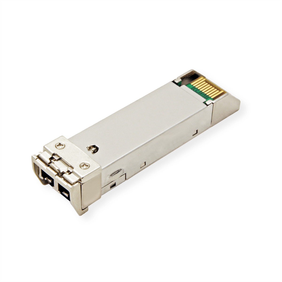 Module émetteur-récepteur SFP argenté sur fond blanc, côté connecteur visible.
