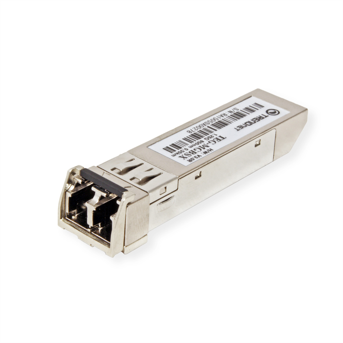 Module SFP TRENDnet argenté avec étiquette et connecteur, fond blanc.