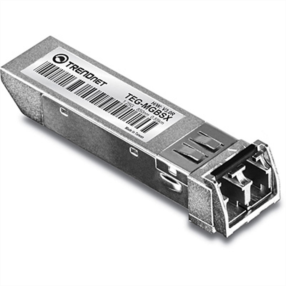 Module SFP TRENDnet TEG-MGBSX argenté. Le code-barres et les étiquettes sont visibles, avec un design métallique.