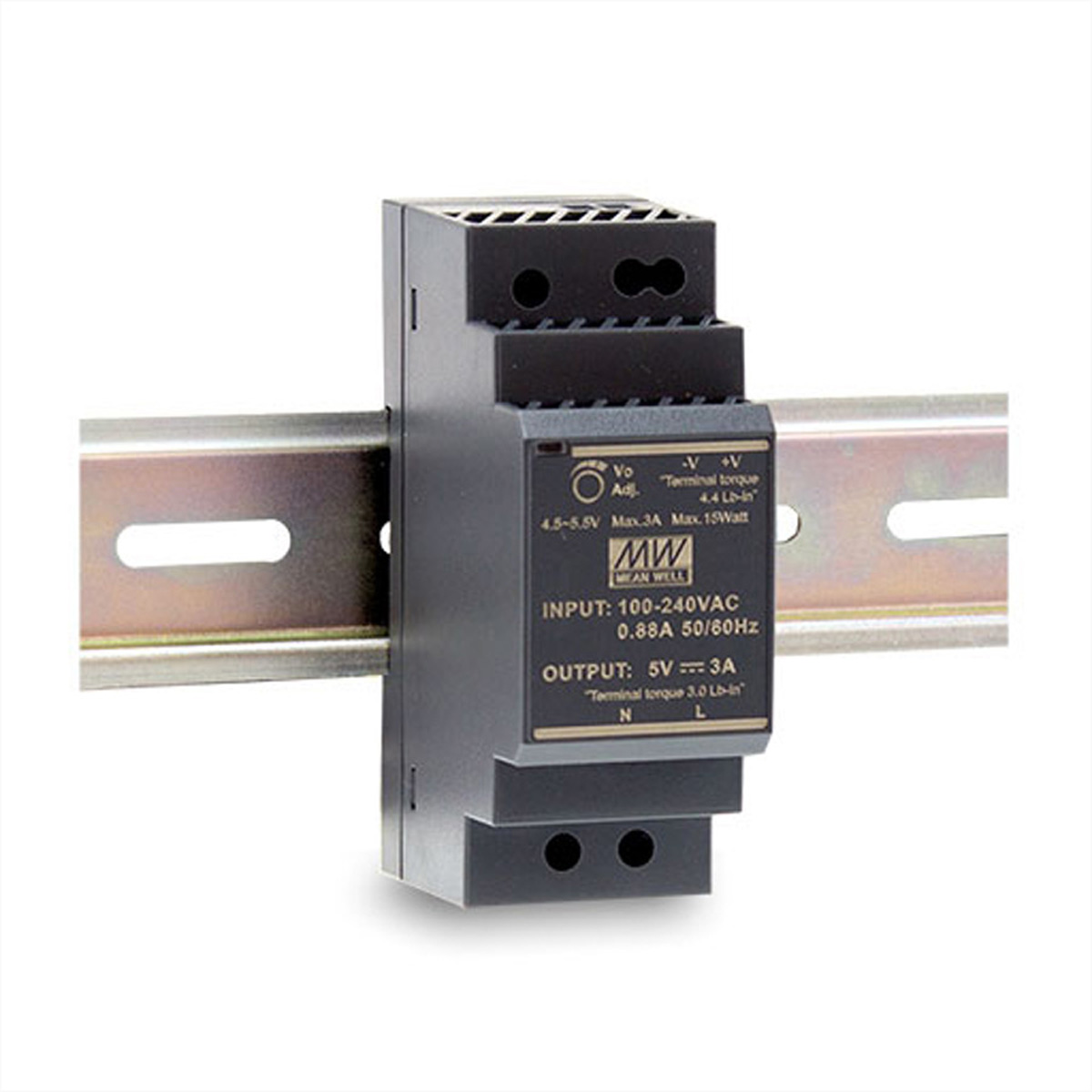 A black power supply device, attached to a metal rail, on a white background.